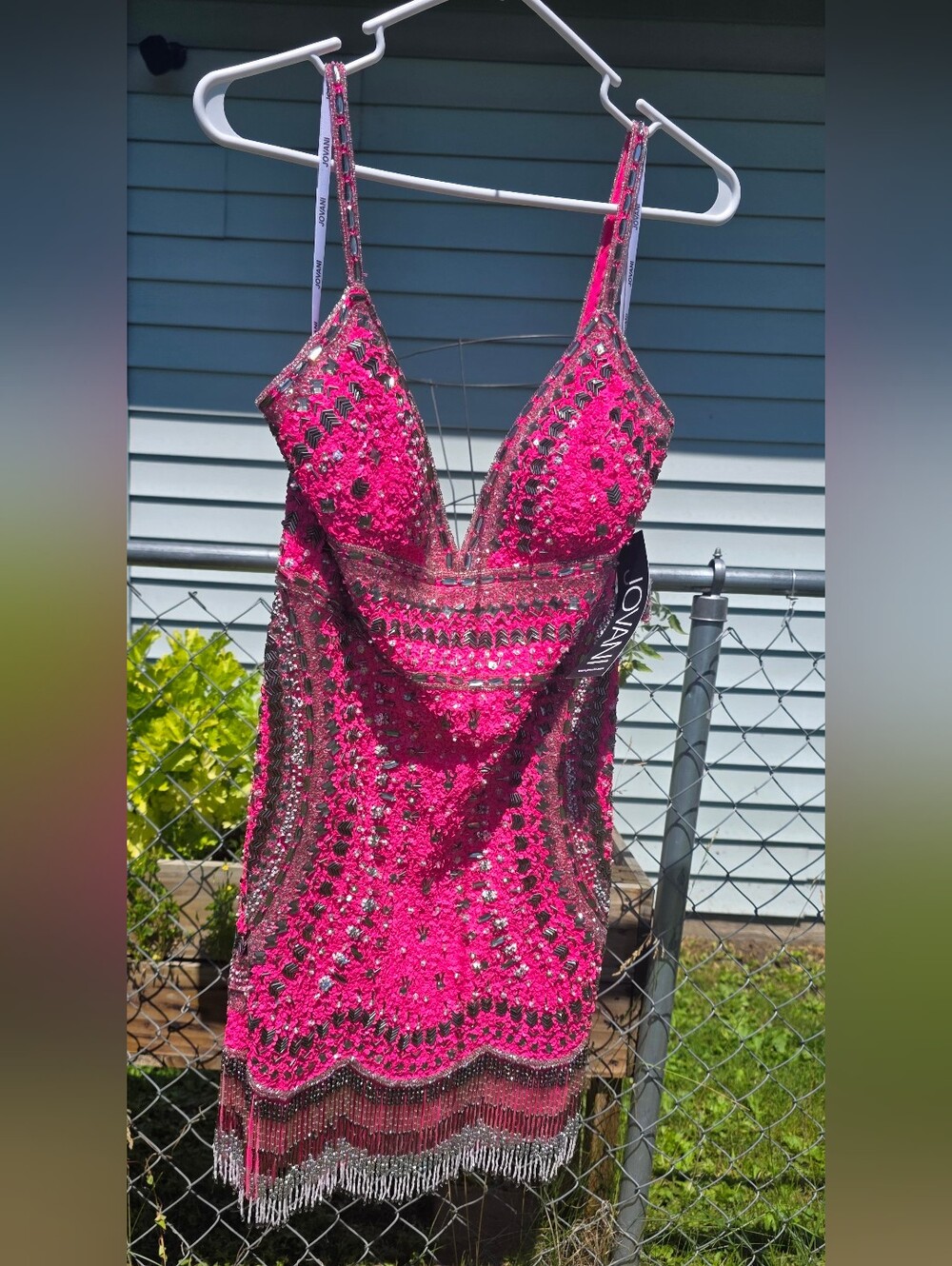 Jovani Hot Pink Beaded Fringe Mini Dress